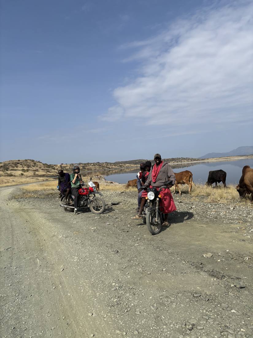 Maasai riders passing cattle by a savanna lake